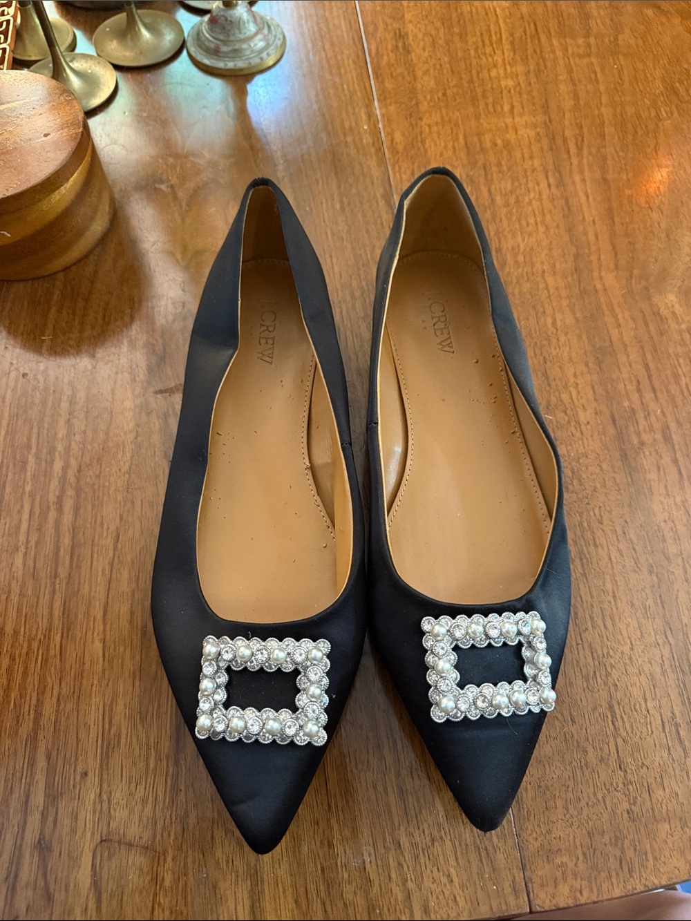 J. Crew Black Satin Pointed Toe Flats with Pearl Crystal Buckles